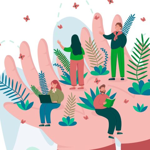 illustration personnes créant ensemble dans des mains illustrant le conseil mécénat